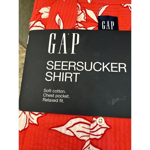 Gap Men Short Sleeve Seersucker Shirt S Cayenne Flower Fill New Red Relaxed - Picture 10 of 12